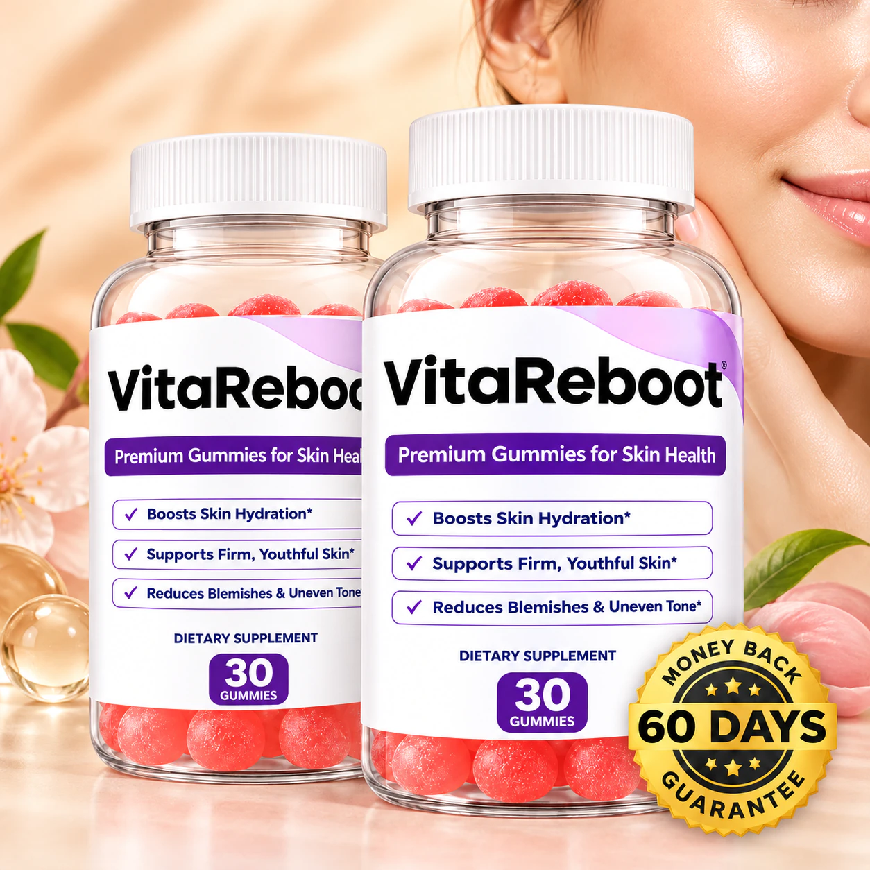 Two bottles of Vita Reboot Gummies with flowers and a woman touching her face